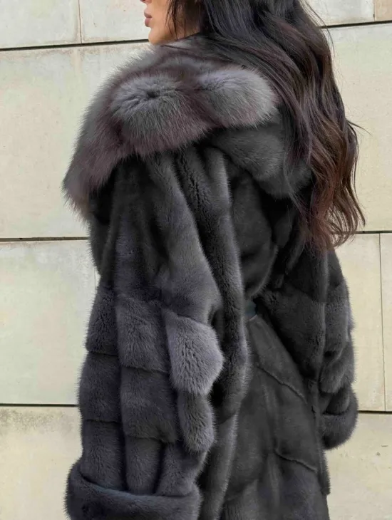 Длинная норковая шуба с капюшоном из меха куницы - цвет графит - фото 6