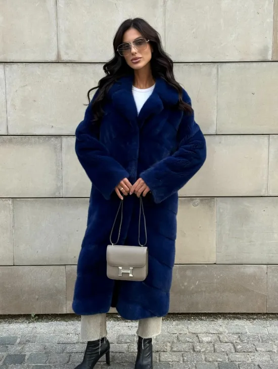 Синяя шуба из аукционного меха норки - английский воротник - фото 0