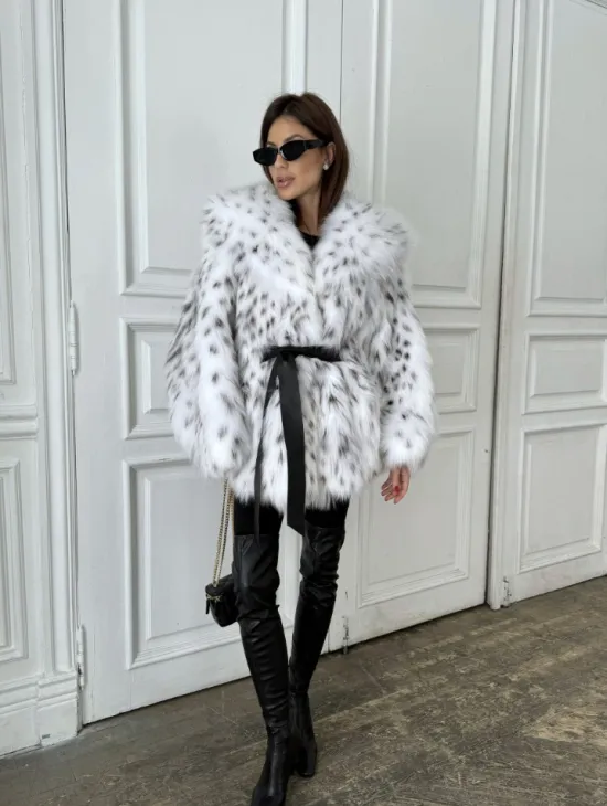 Шуба - белая лиса с вшитыми пятнами из рыси PREMIUM качество - фото 9