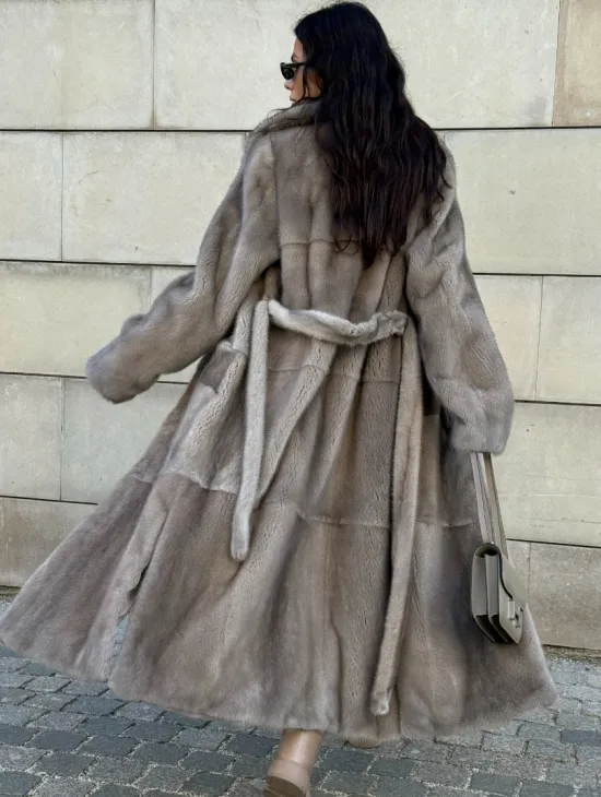 Норковая шуба цельный мех с поясом Luxury Line - цвет silver - фото 0