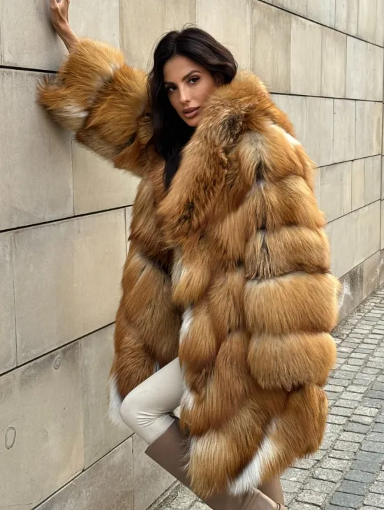 Vintage шуба диагональ из меха лисы Gold Fox, английский воротник - фото 11