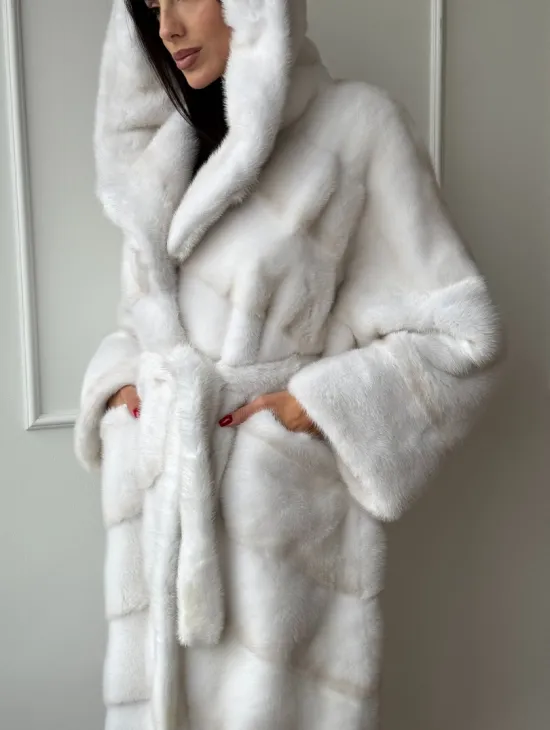 Натуральная шуба кимоно из меха норки Palomino с капюшоном кобра - фото 3