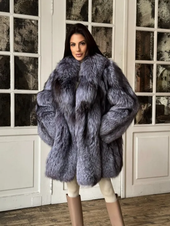 Натуральная шуба из меха чернобурки, воротник шаль - фото 8