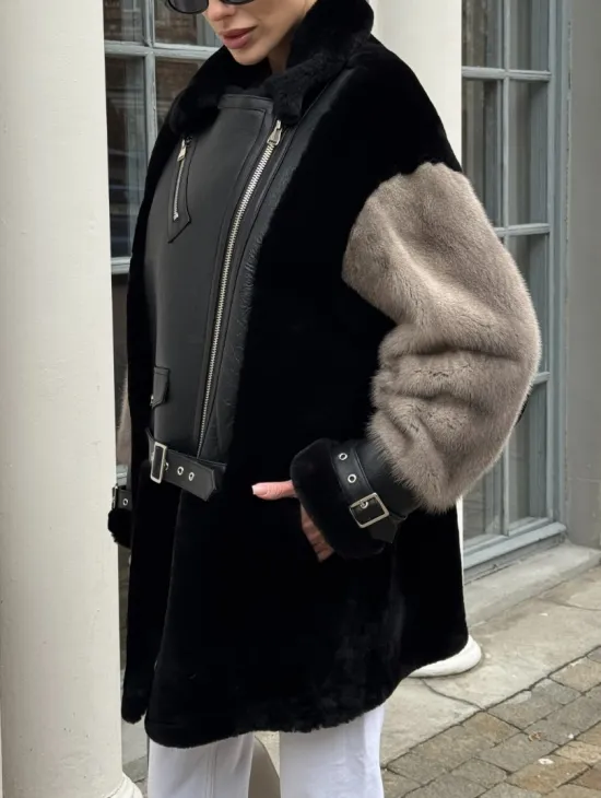 Удлиненная дубленка из натурального мериноса с отделкой из меха норки - фото 3