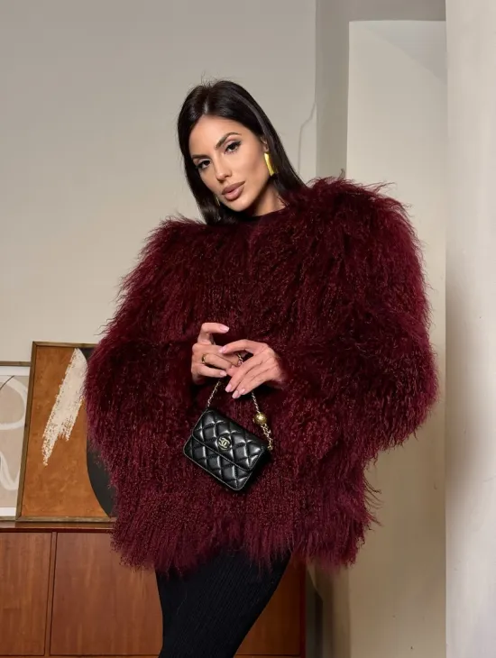 Шуба из меха ламы цвет Burgundy - фото 13