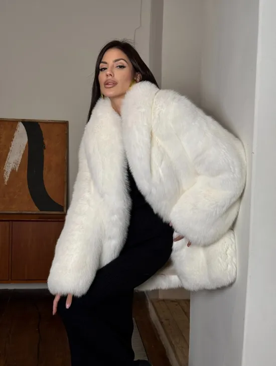 Белая шуба из меха лисы - воротник шаль - фото 9