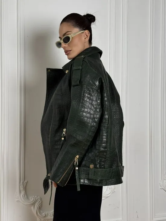 Куртка - косуха из натуральной кожи «CROCO» Dark green - фото 6