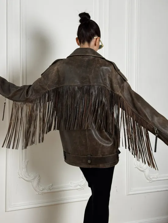 Косуха Vintage brown с кожаной бахромой на спине - фото 5