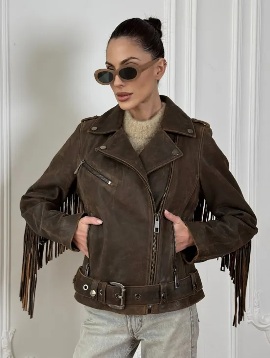 Коричневая кожаная куртка - косуха с бахромой. Мотоциклетная куртка, демисезон - фото 0