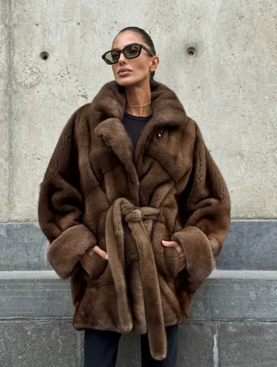 Шуба летучка из премиум меха норки - цвет соболь - фото 11