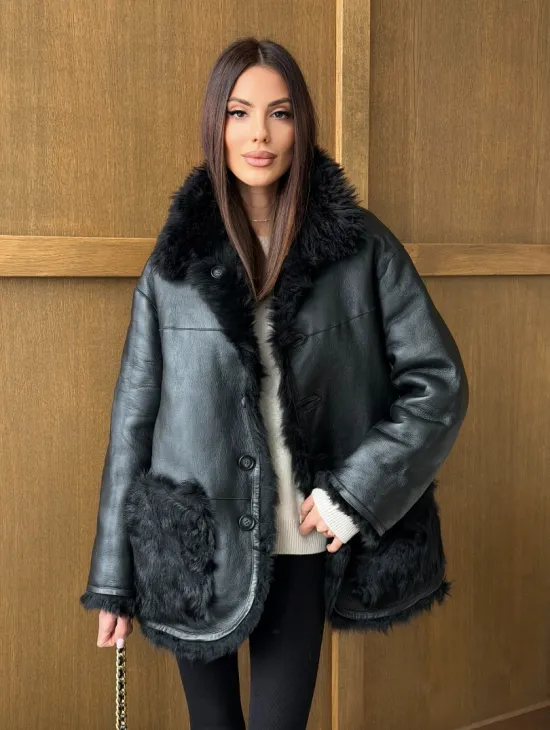 Черная двухсторонняя дубленка из меха тиградо - фото 0