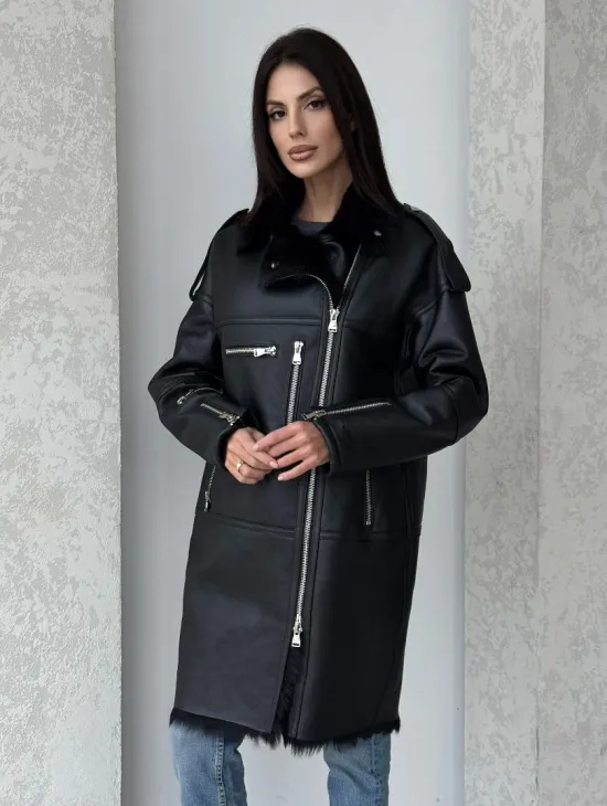 Удлиненная дубленка - авиатор из натуральной овчины с мехом тосканы - фото 0