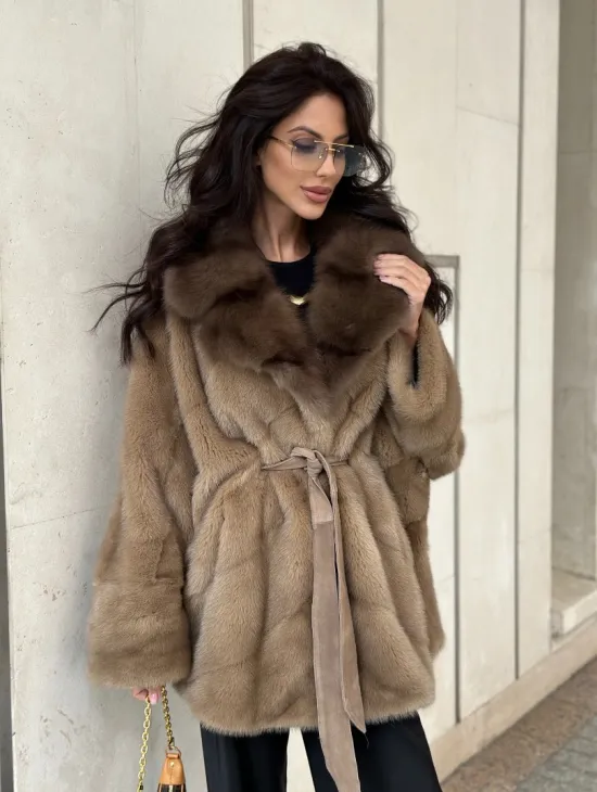 Короткая шуба из меха норки с воротником куница - цвет пастель - фото 10