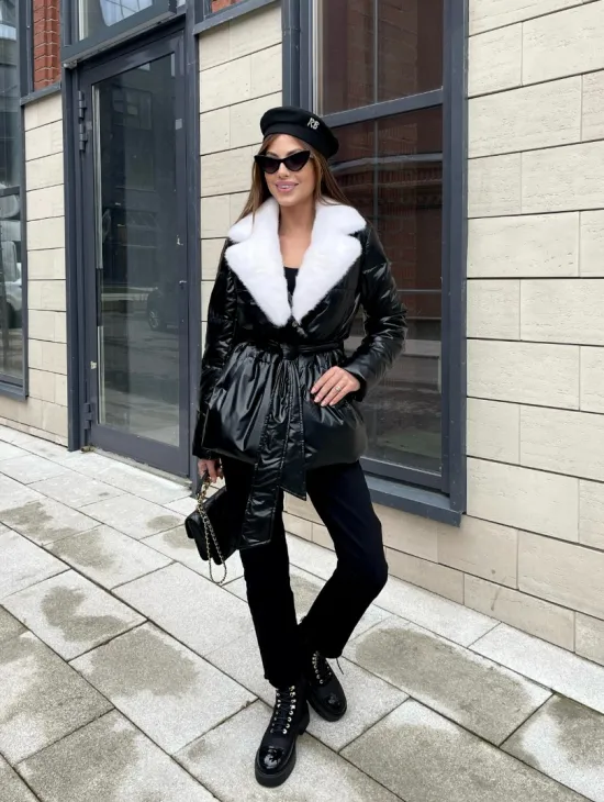 Пуховик с мехом белой норки в черном цвете - фото 3