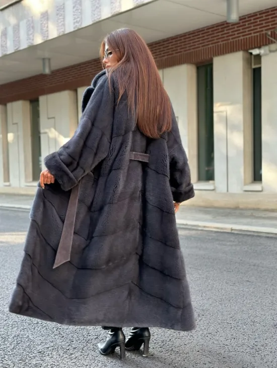 Графит длинная шуба из меха плюшевой норки VELVET - фото 4