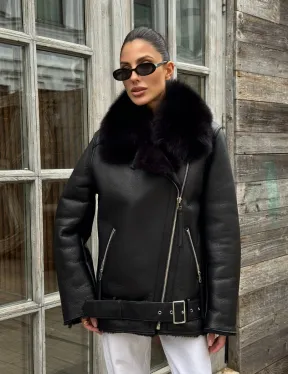 Дубленка из натуральной овчины с мехом песца - фото 1