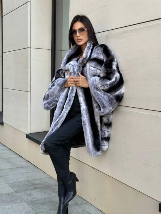 Шуба из кролика рекс стойка воротник - цвет шиншилла - фото 5