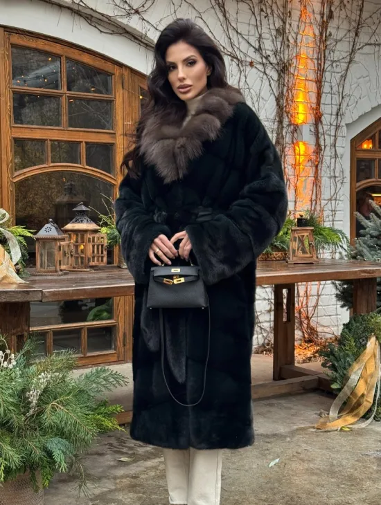 Норковое кимоно с воротником из меха куницы - цвет черный изумруд - фото 7