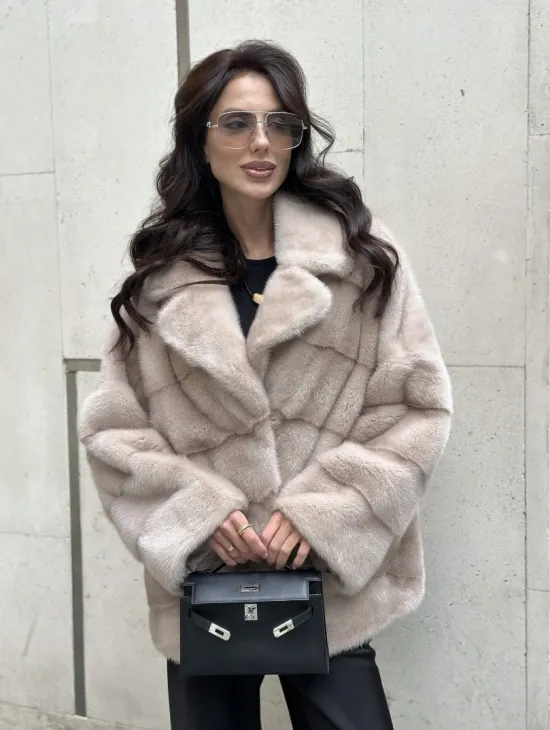 Шуба из меха норки английский воротник пудра - фото 5
